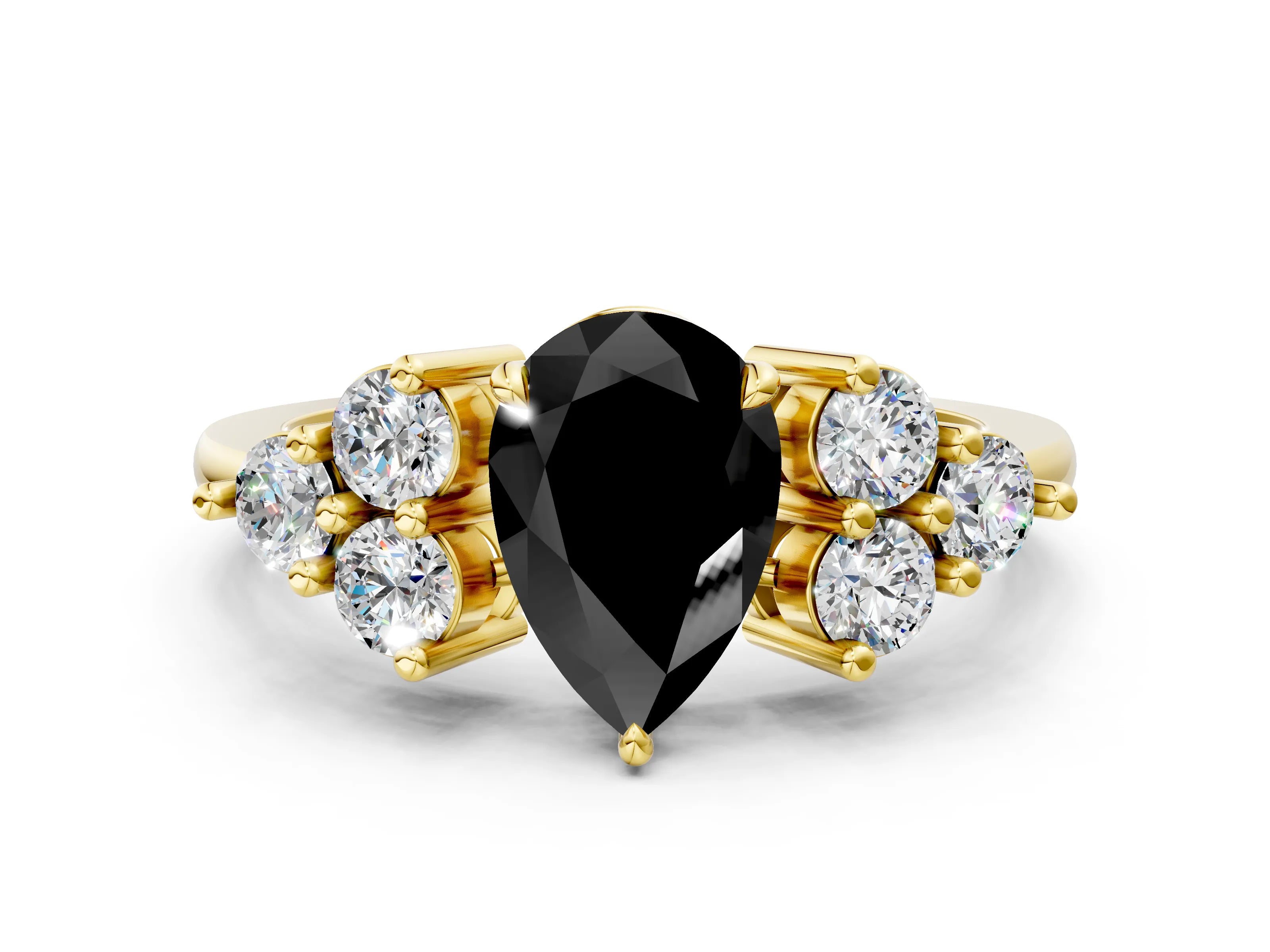 Yellow gold Fancy Black Pear Cut Brilliant Diamond Cluster Accent Solitaire Ring with Prong Setting
