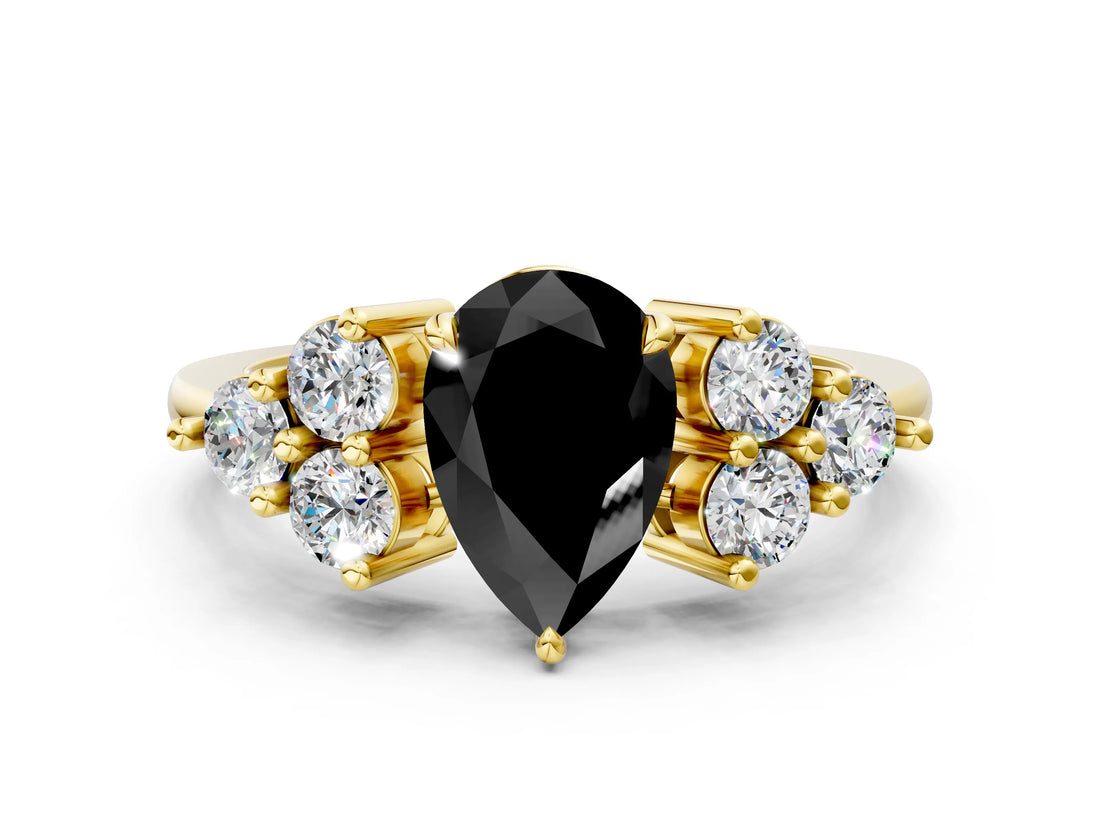 Yellow gold Fancy Black Pear Cut Brilliant Diamond Cluster Accent Solitaire Ring with Prong Setting