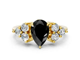 Yellow gold Fancy Black Pear Cut Brilliant Diamond Cluster Accent Solitaire Ring with Prong Setting