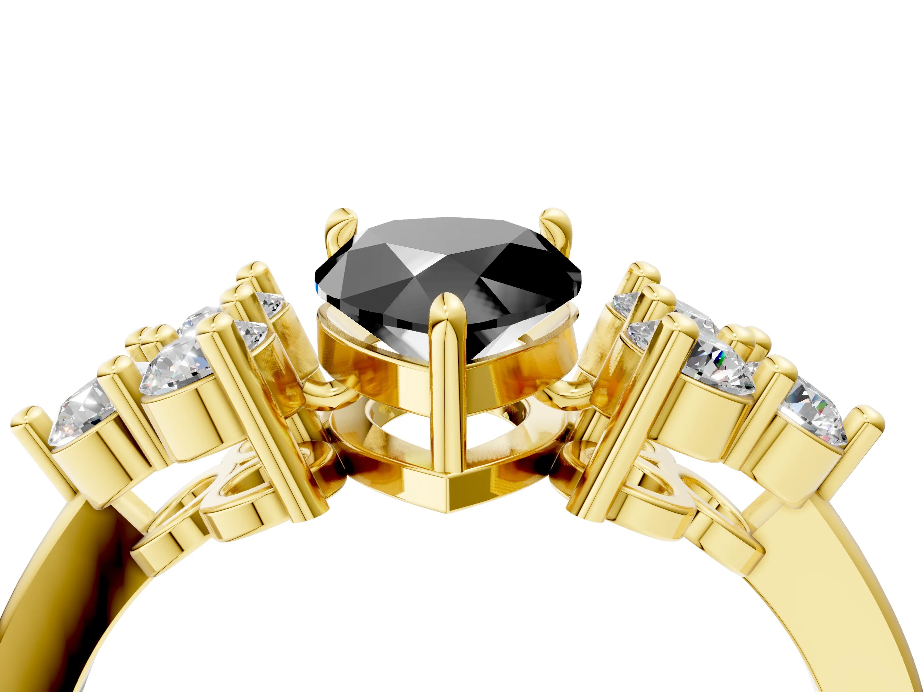 Yellow gold Fancy Black Pear Cut Brilliant Diamond Cluster Accent Solitaire Ring with Prong Setting_4
