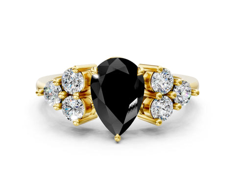 Yellow gold Fancy Black Pear Cut Brilliant Diamond Cluster Accent Solitaire Ring with Prong Setting