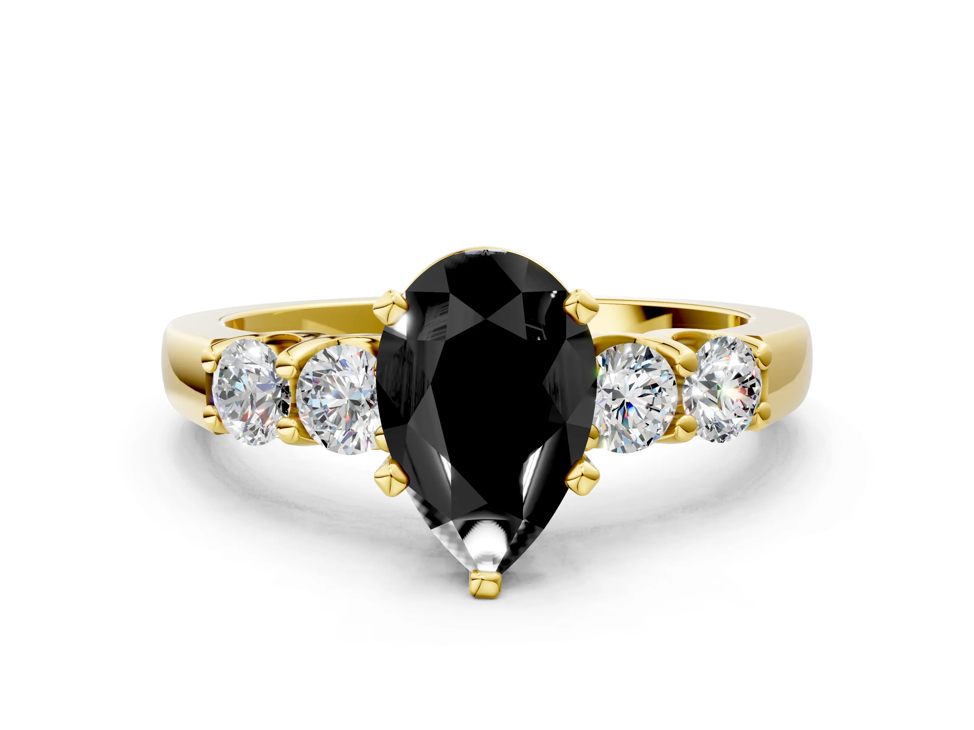 Yellow gold Fancy Black Pear Cut Brilliant Diamond Five-Stone Engagement Ring with Prong Setting on a Classic Band_3