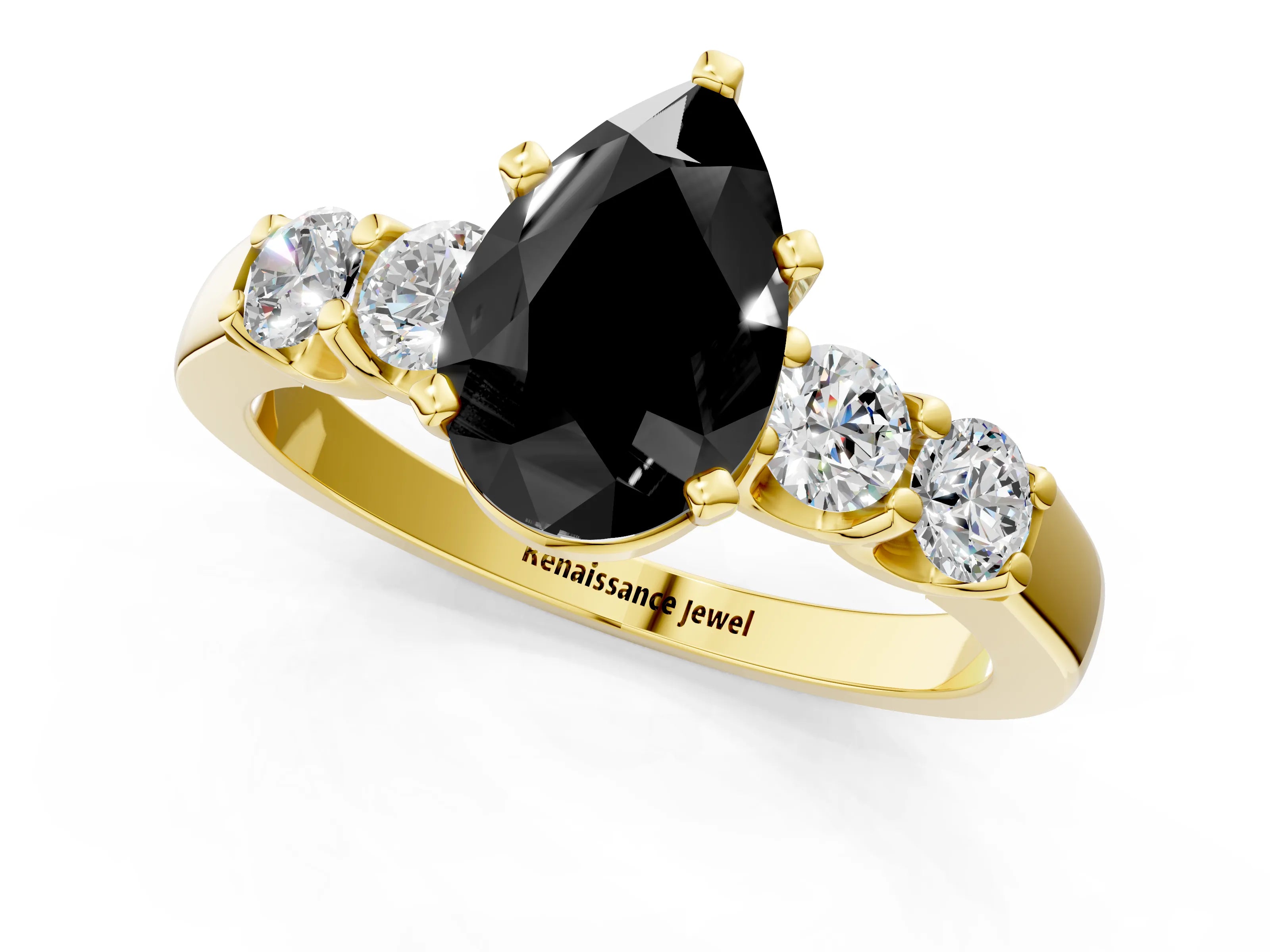 Yellow gold Fancy Black Pear Cut Brilliant Diamond Five-Stone Engagement Ring with Prong Setting on a Classic Band_4