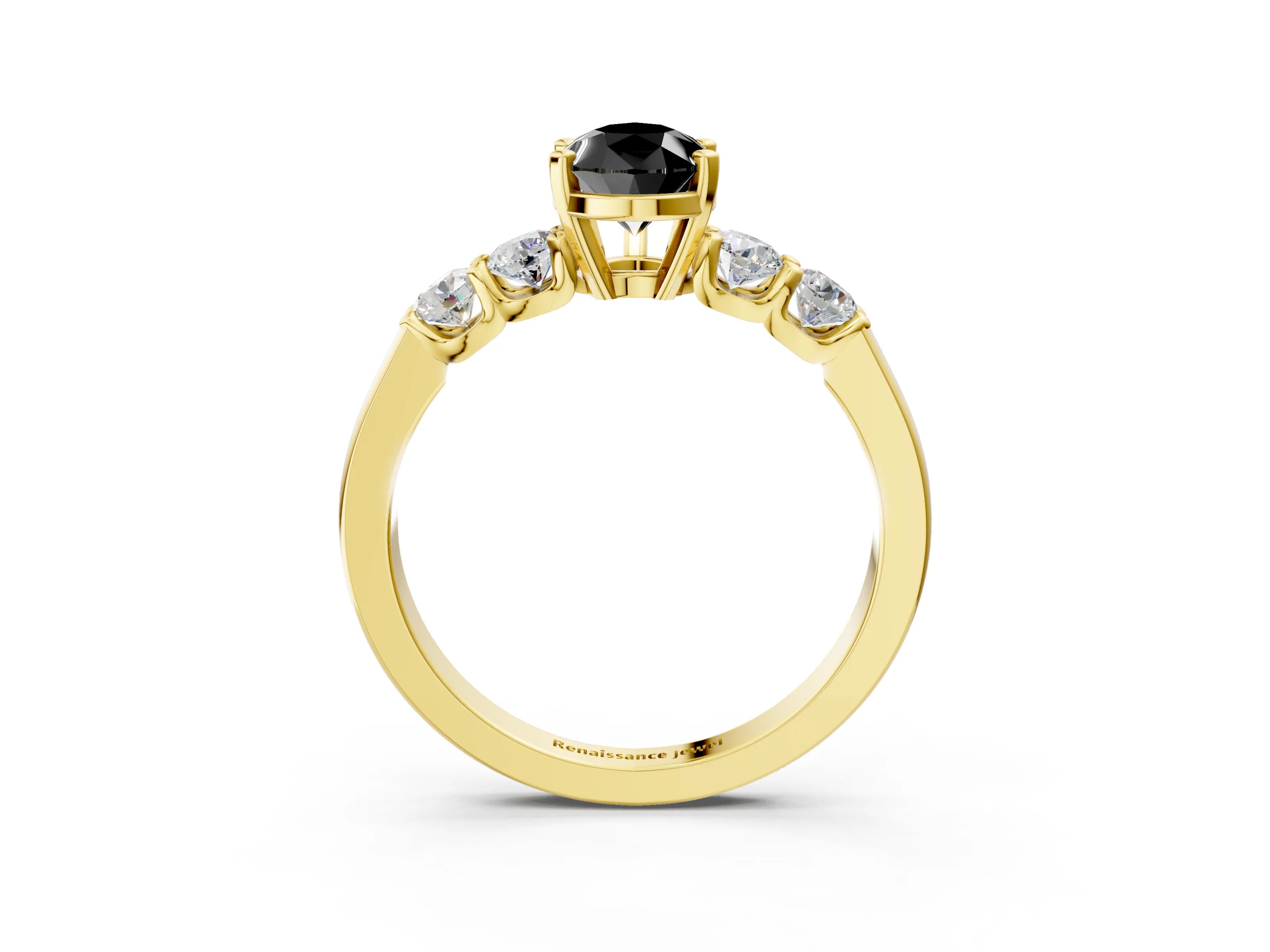 Yellow gold Fancy Black Pear Cut Brilliant Diamond Five-Stone Engagement Ring with Prong Setting on a Classic Band_6