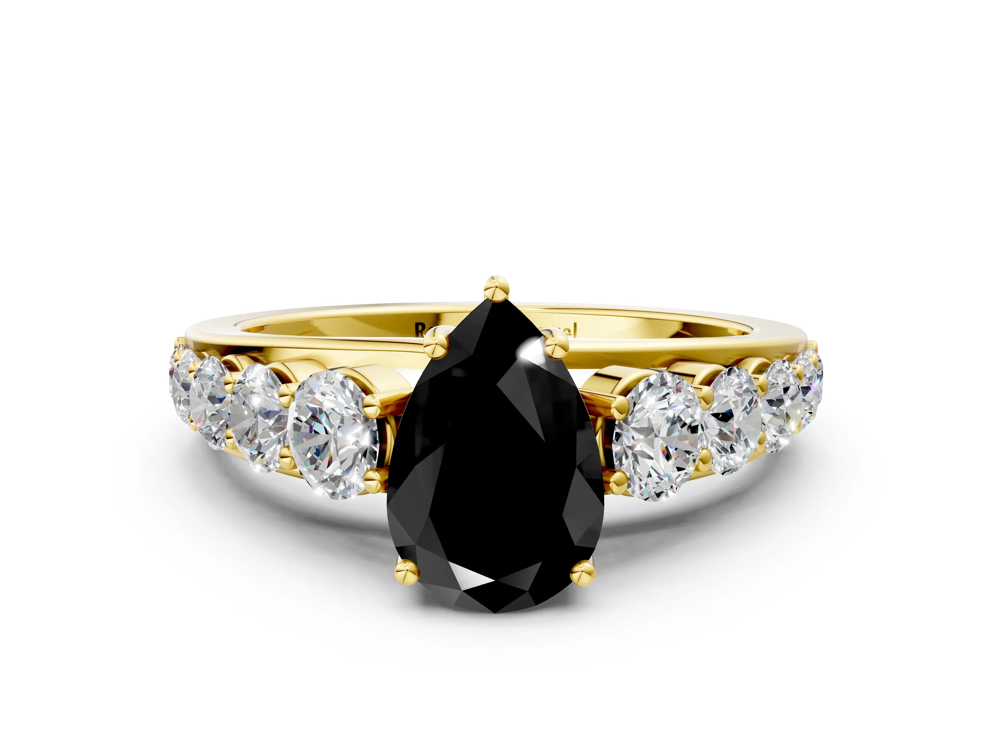Yellow gold Fancy Black Pear Cut Brilliant Diamond Pavé Band with Six-Prong Setting