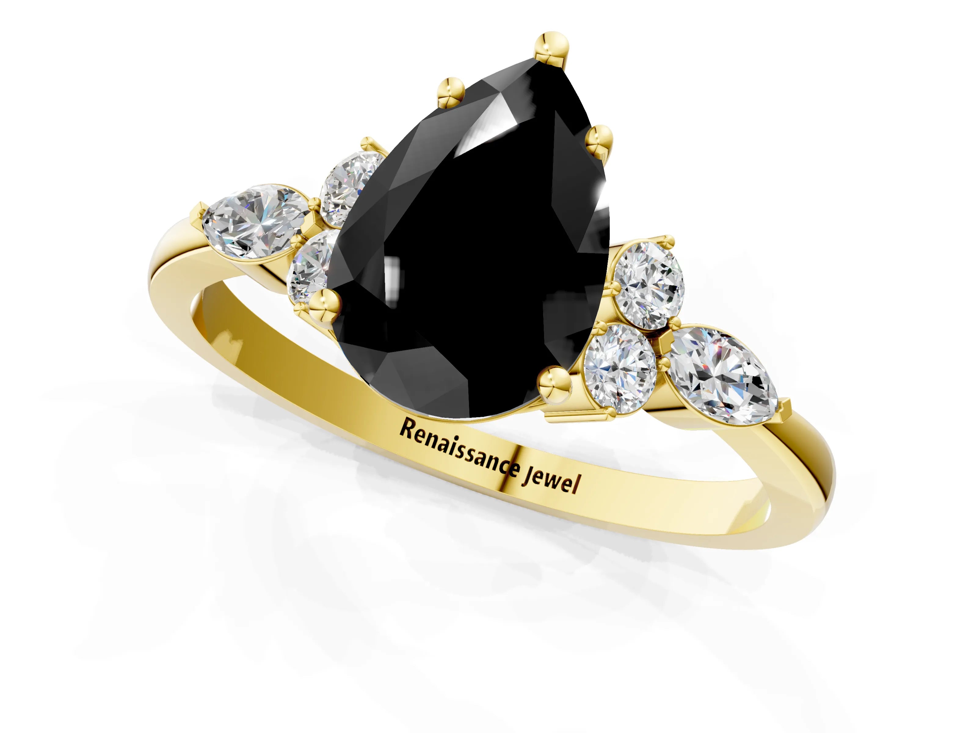 Yellow gold Fancy Black Pear Cut Brilliant Diamond Solitaire Ring with Pear Side Stones and Four-Prong Setting_4