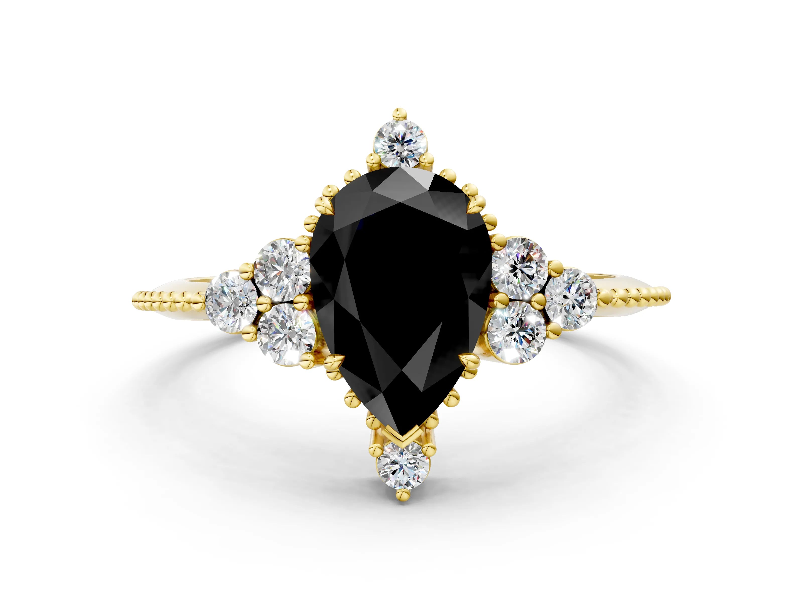 Yellow gold Fancy Black Pear Cut Brilliant Diamond with Cluster Setting on a Beaded Band and Four-Prong Setting