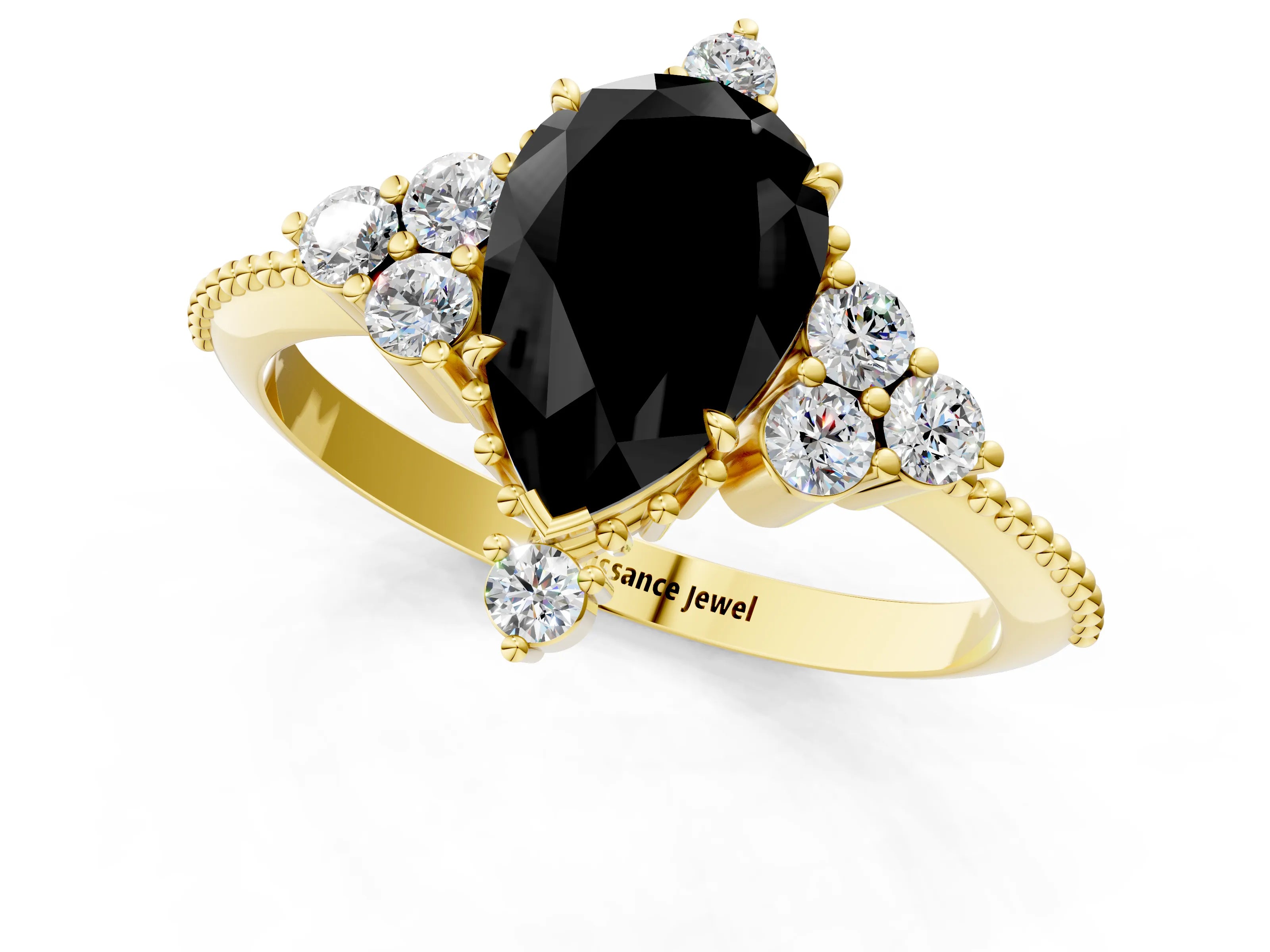 Yellow gold Fancy Black Pear Cut Brilliant Diamond with Cluster Setting on a Beaded Band and Four-Prong Setting_1
