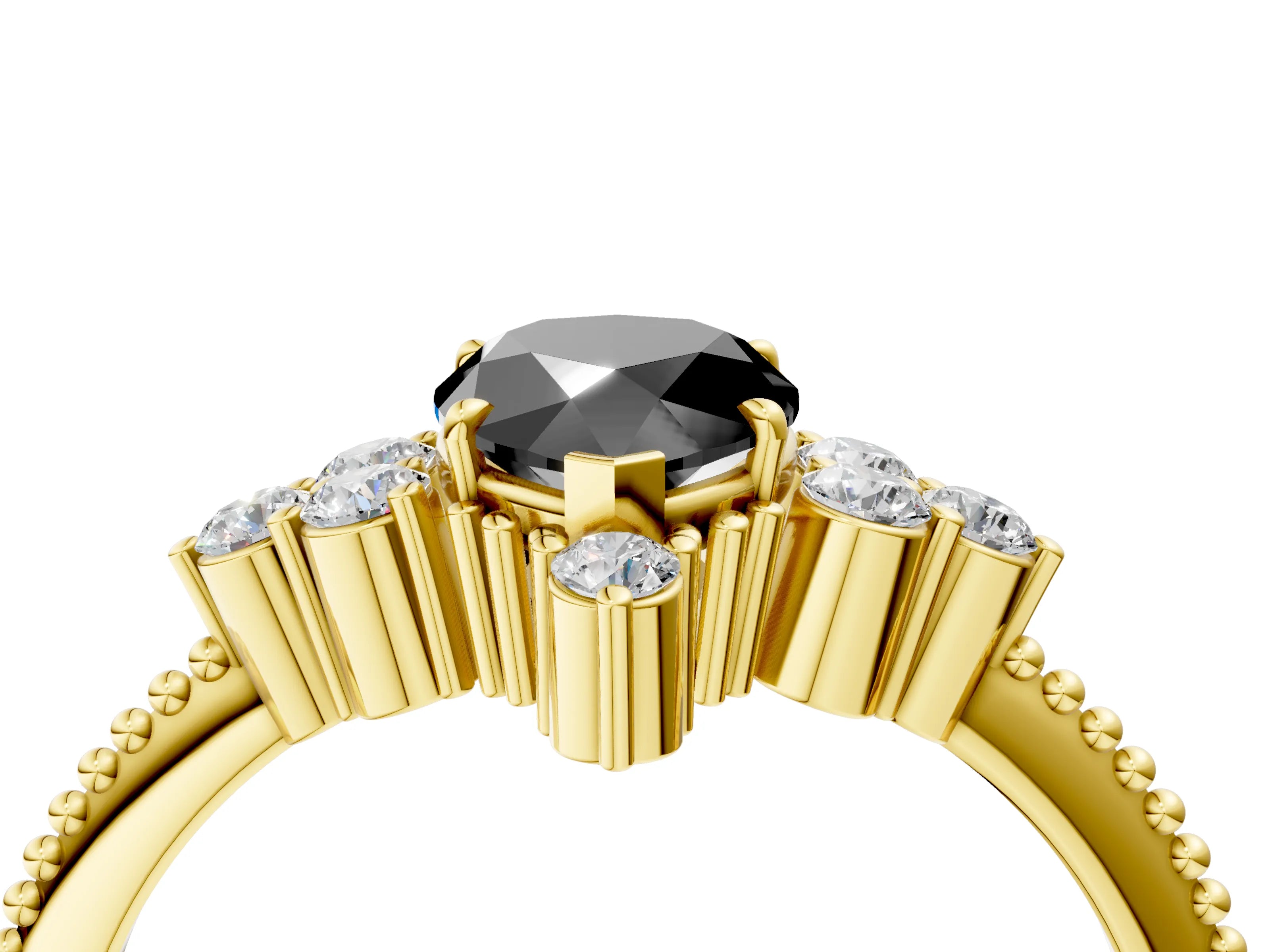 Yellow gold Fancy Black Pear Cut Brilliant Diamond with Cluster Setting on a Beaded Band and Four-Prong Setting_4