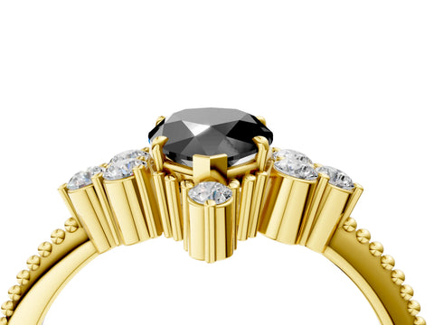 Yellow gold Fancy Black Pear Cut Brilliant Diamond with Cluster Setting on a Beaded Band and Four-Prong Setting_4