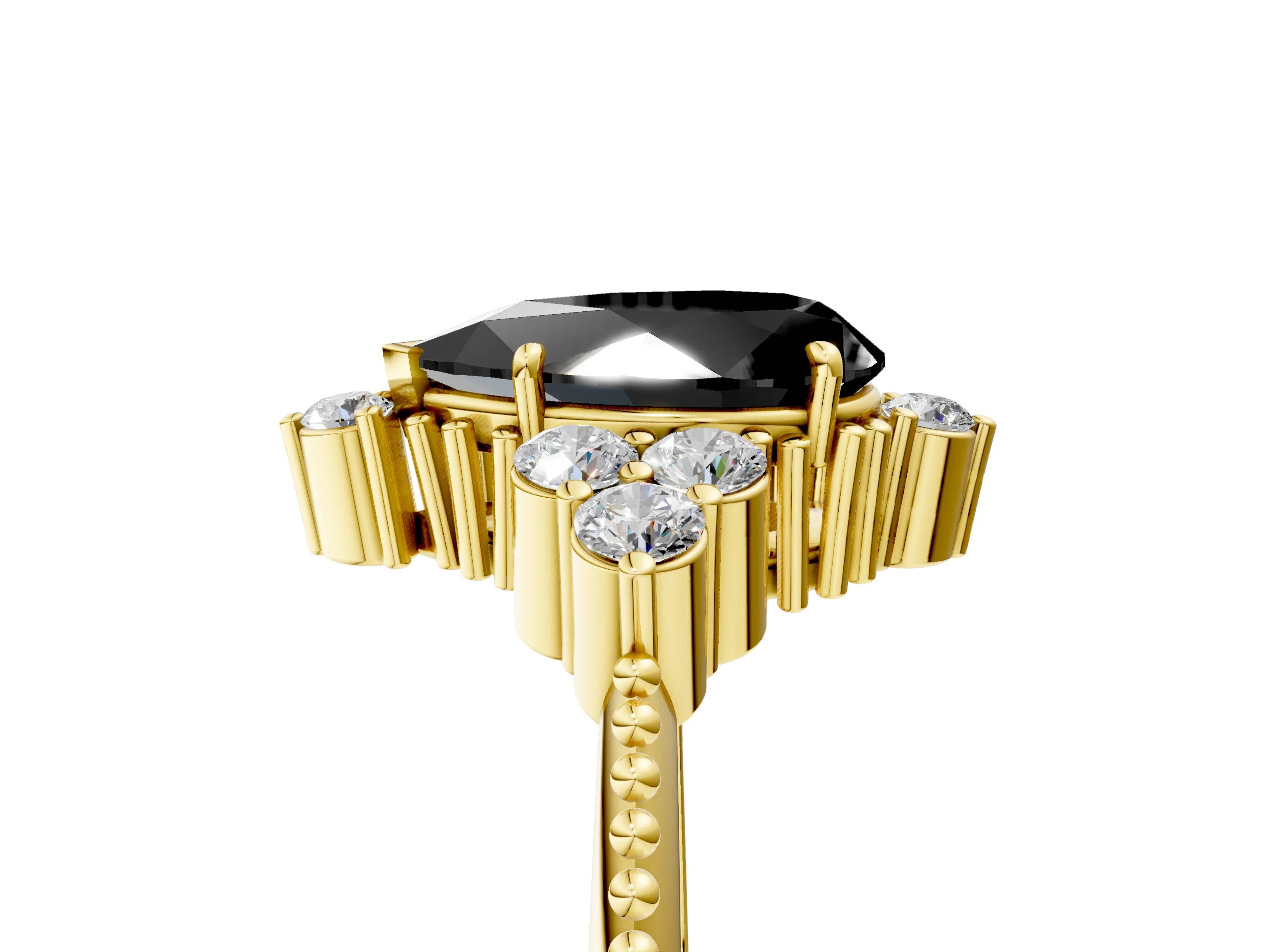 Yellow gold Fancy Black Pear Cut Brilliant Diamond with Cluster Setting on a Beaded Band and Four-Prong Setting_5