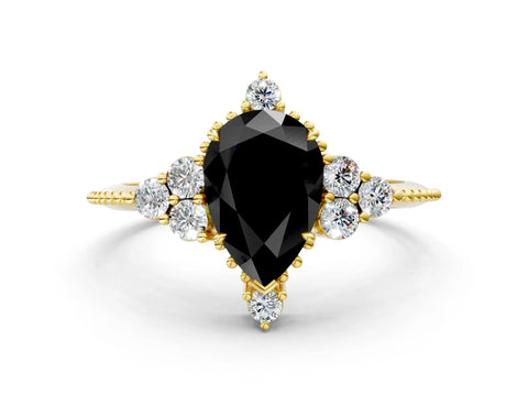 Yellow gold Fancy Black Pear Cut Brilliant Diamond with Cluster Setting on a Beaded Band and Four-Prong Setting