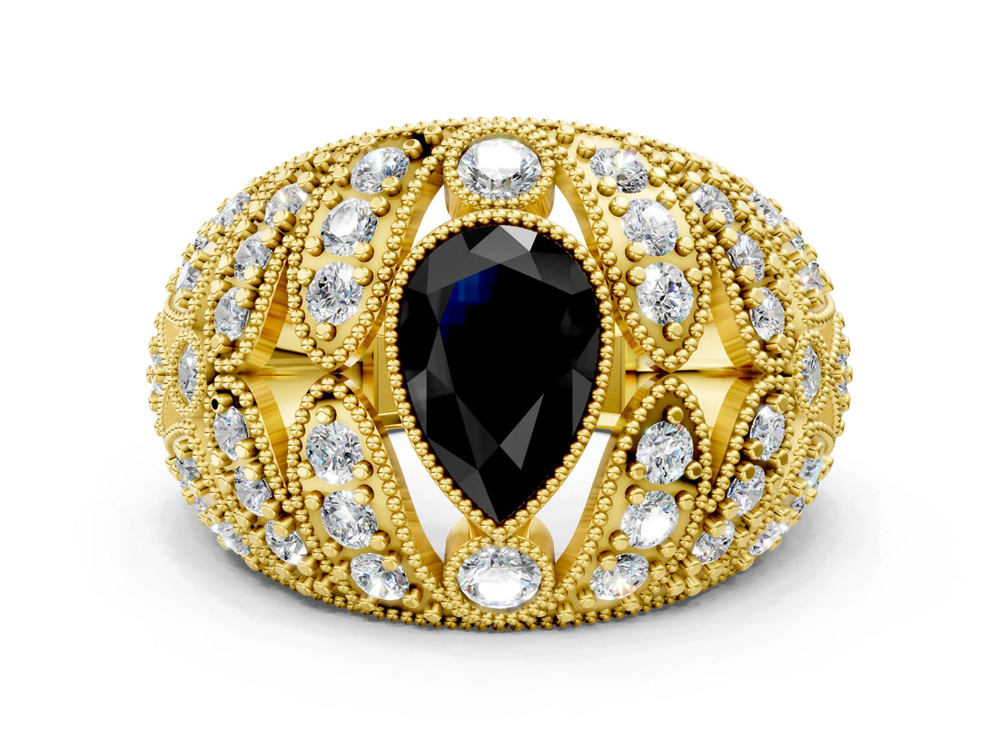 Yellow gold Fancy Black Pear Cut Brilliant Halo Pave Diamond Milgrain Ring
