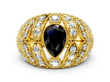Yellow gold Fancy Black Pear Cut Brilliant Halo Pave Diamond Milgrain Ring