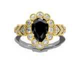 Yellow gold Fancy Black Pear Cut Brilliant Milgrain Pave Heart Band Solitaire Ring
