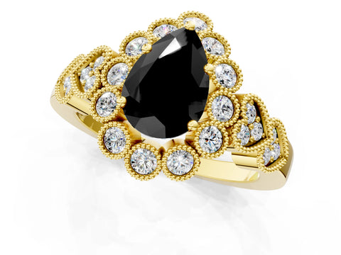 Yellow gold Fancy Black Pear Cut Brilliant Milgrain Pave Heart Band Solitaire Ring_1