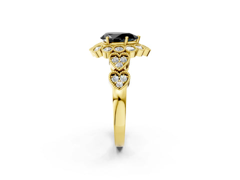 Yellow gold Fancy Black Pear Cut Brilliant Milgrain Pave Heart Band Solitaire Ring_2