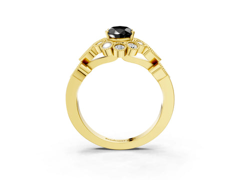 Yellow gold Fancy Black Pear Cut Brilliant Milgrain Pave Heart Band Solitaire Ring_3