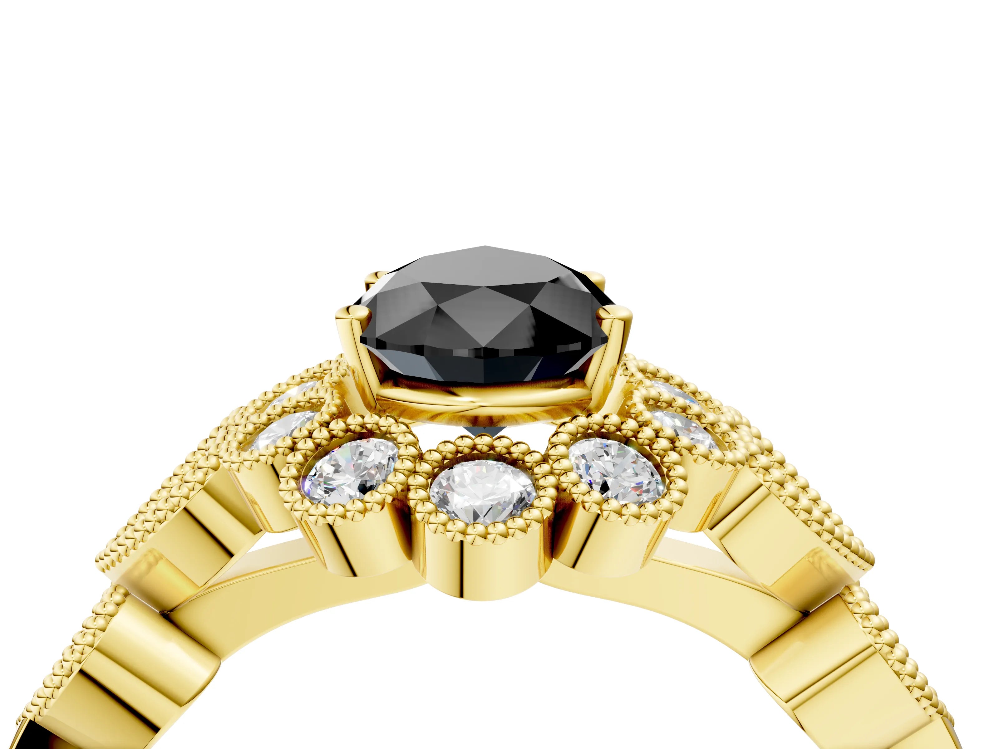 Yellow gold Fancy Black Pear Cut Brilliant Milgrain Pave Heart Band Solitaire Ring_4