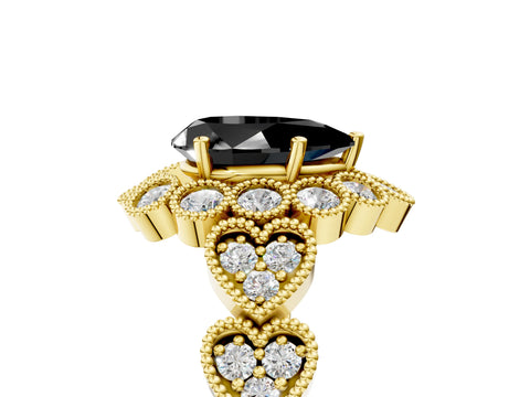 Yellow gold Fancy Black Pear Cut Brilliant Milgrain Pave Heart Band Solitaire Ring_5