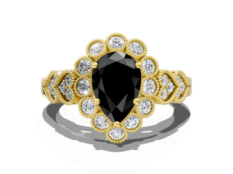 Yellow gold Fancy Black Pear Cut Brilliant Milgrain Pave Heart Band Solitaire Ring
