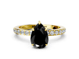 Yellow gold Fancy Black Pear Cut Brilliant Pavé Band Solitaire with Four-Prong Setting