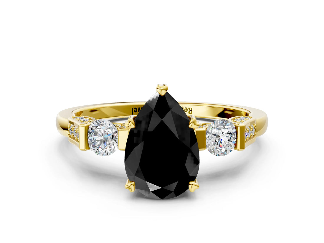 Yellow gold Fancy Black Pear Cut Brilliant Three-Stone Pave Band with Four-Prong Setting