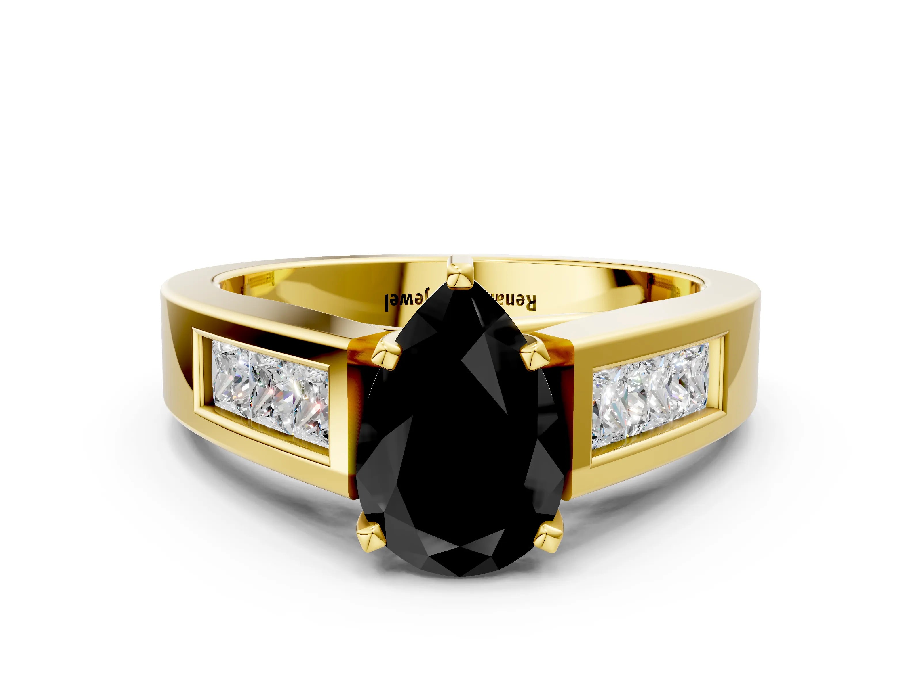 Yellow gold Fancy Black Pear Cut Cut Channel Set Solitaire Ring with Four-Prong Setting