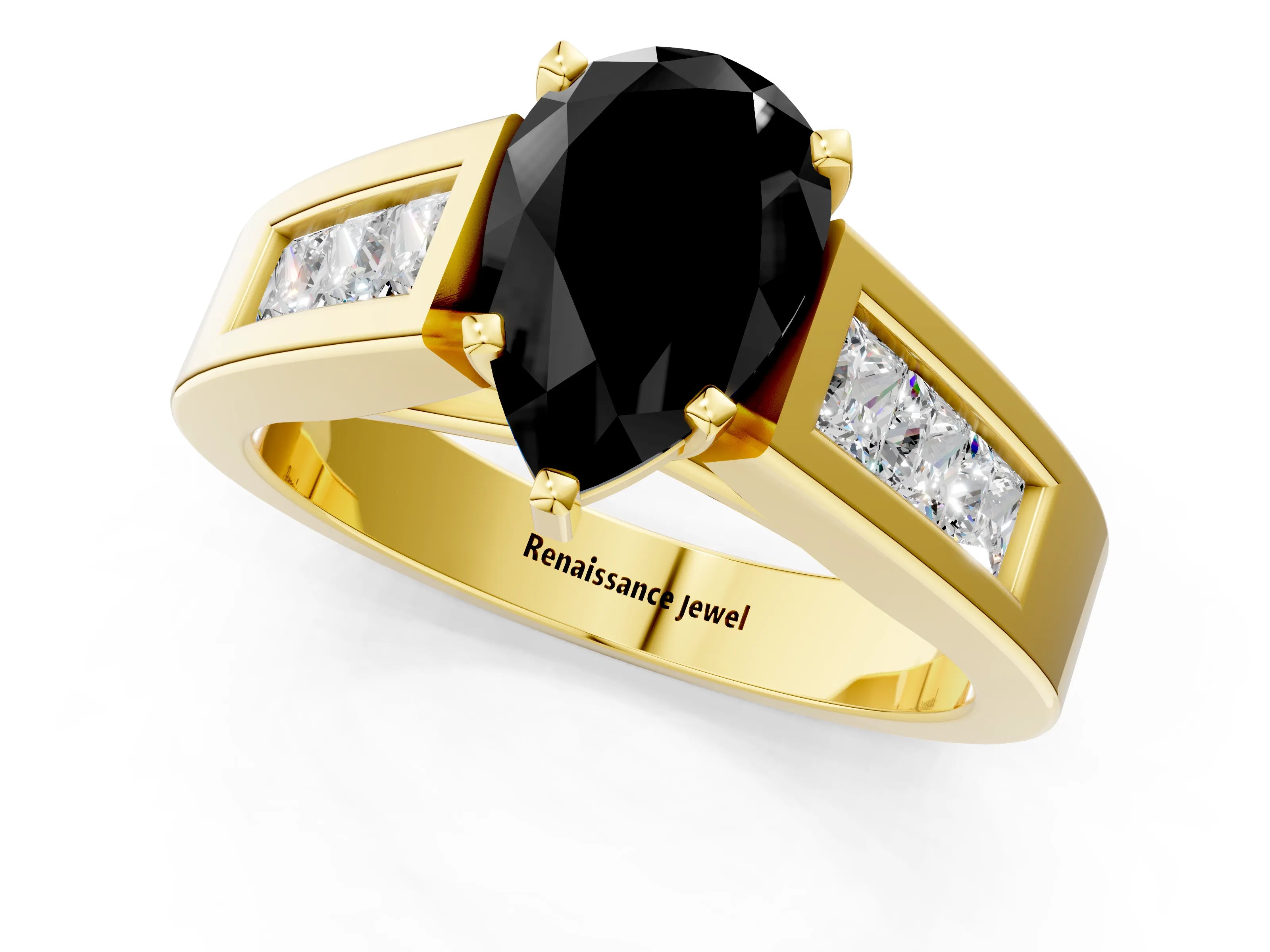 Yellow gold Fancy Black Pear Cut Cut Channel Set Solitaire Ring with Four-Prong Setting_1