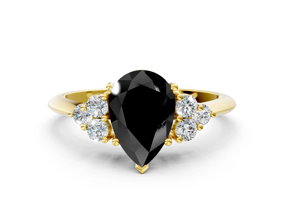 Yellow gold Fancy Black Pear Cut Cut Diamond Cluster Ring with Solitaire Band and Four-Prong Setting