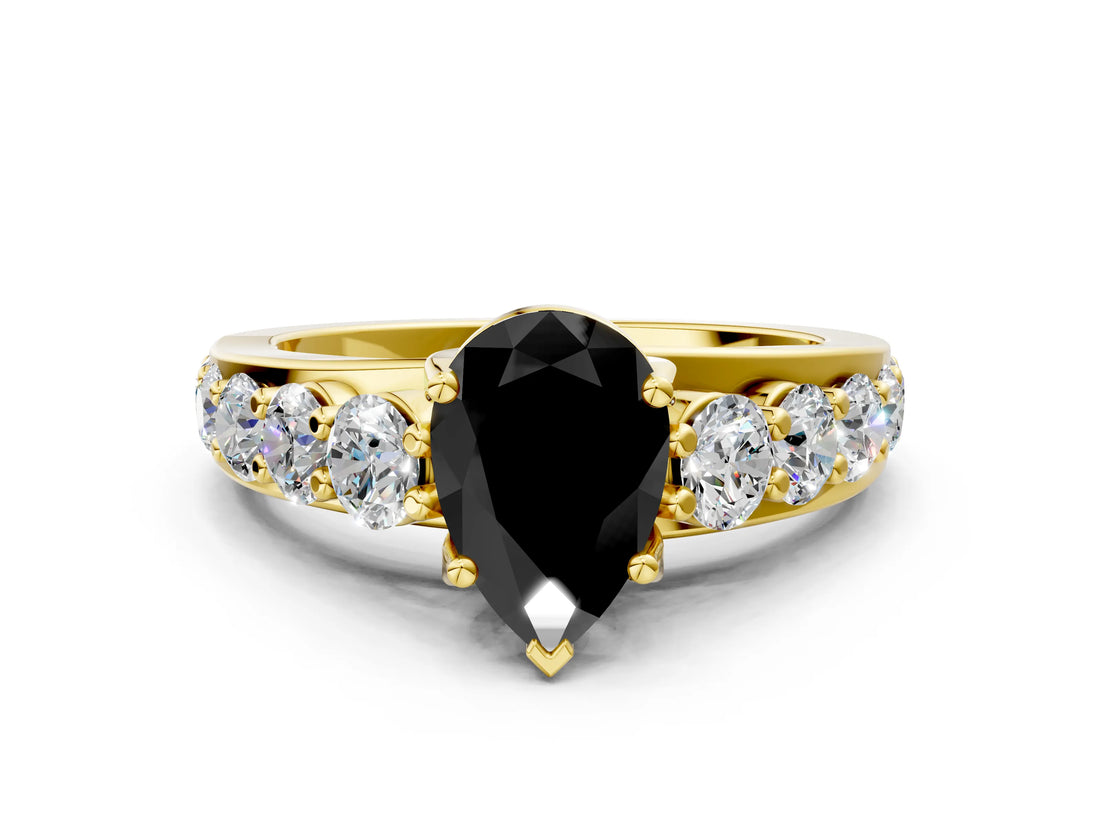 Yellow gold Fancy Black Pear Cut Cut Diamond Engagement Ring with Pavé Band and Four-Prong Setting