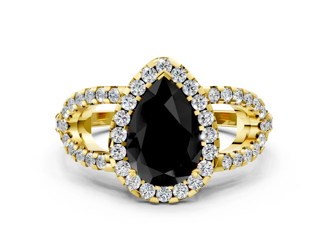 Yellow gold Fancy Black Pear Cut Cut Diamond Halo Engagement Ring with Open Split Pavé Band