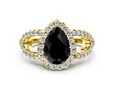 Yellow gold Fancy Black Pear Cut Cut Diamond Halo Engagement Ring with Open Split Pavé Band