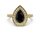 Yellow gold Fancy Black Pear Cut-Cut Diamond Halo Engagement Ring with Pave Band and Prong Setting