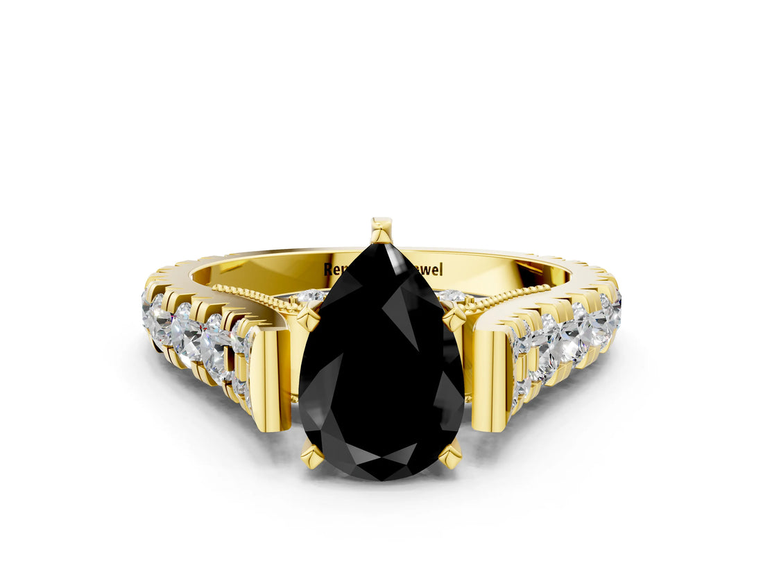 Yellow gold Fancy Black Pear Cut Cut Diamond Pavé Band Solitaire with Four-Prong Setting