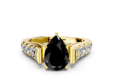 Yellow gold Fancy Black Pear Cut Cut Diamond Pavé Band Solitaire with Four-Prong Setting