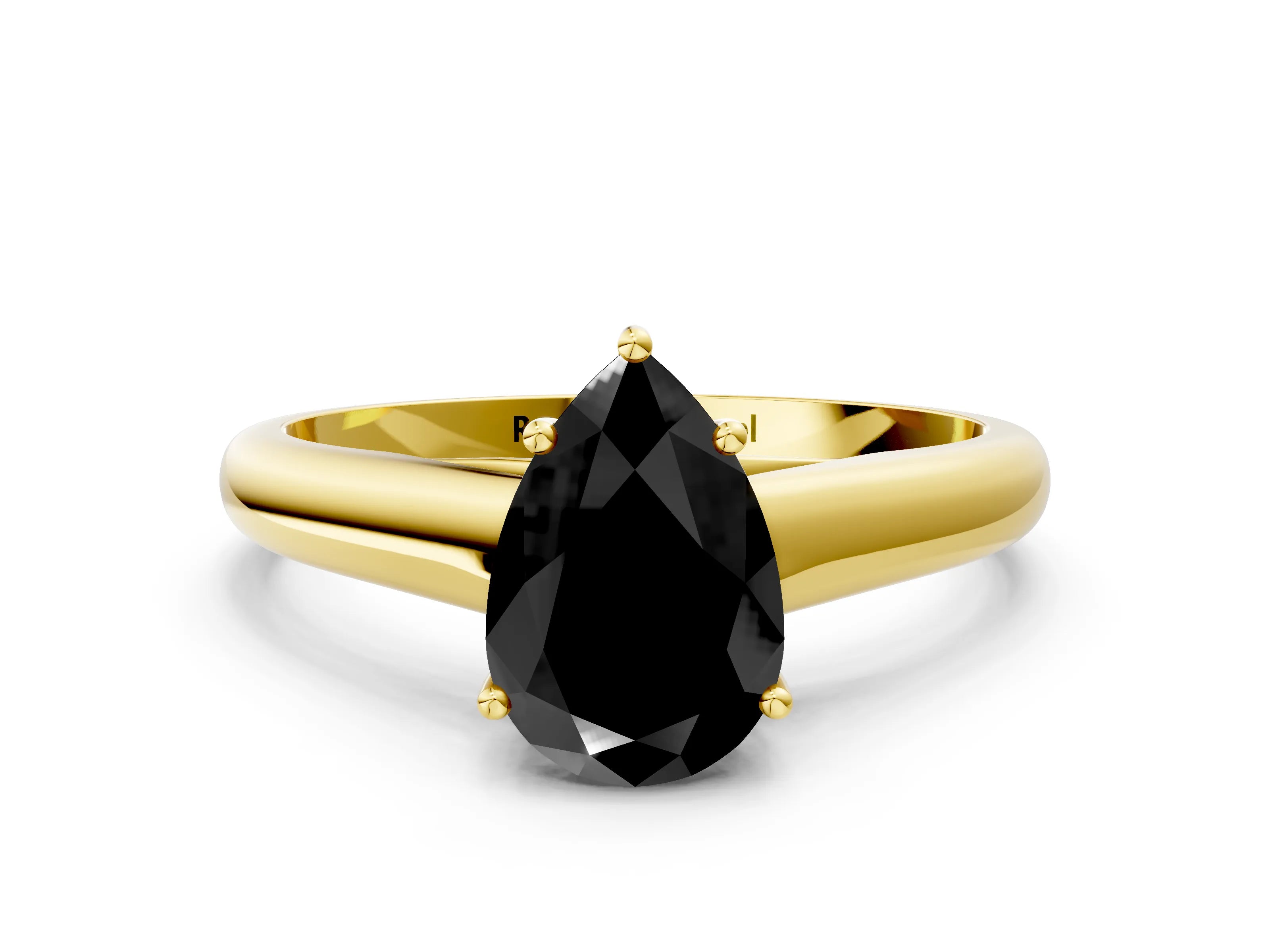 Yellow gold Fancy Black Pear Cut Cut Diamond Solitaire Engagement Ring with Tapered Plain Band and Four-Prong Setting