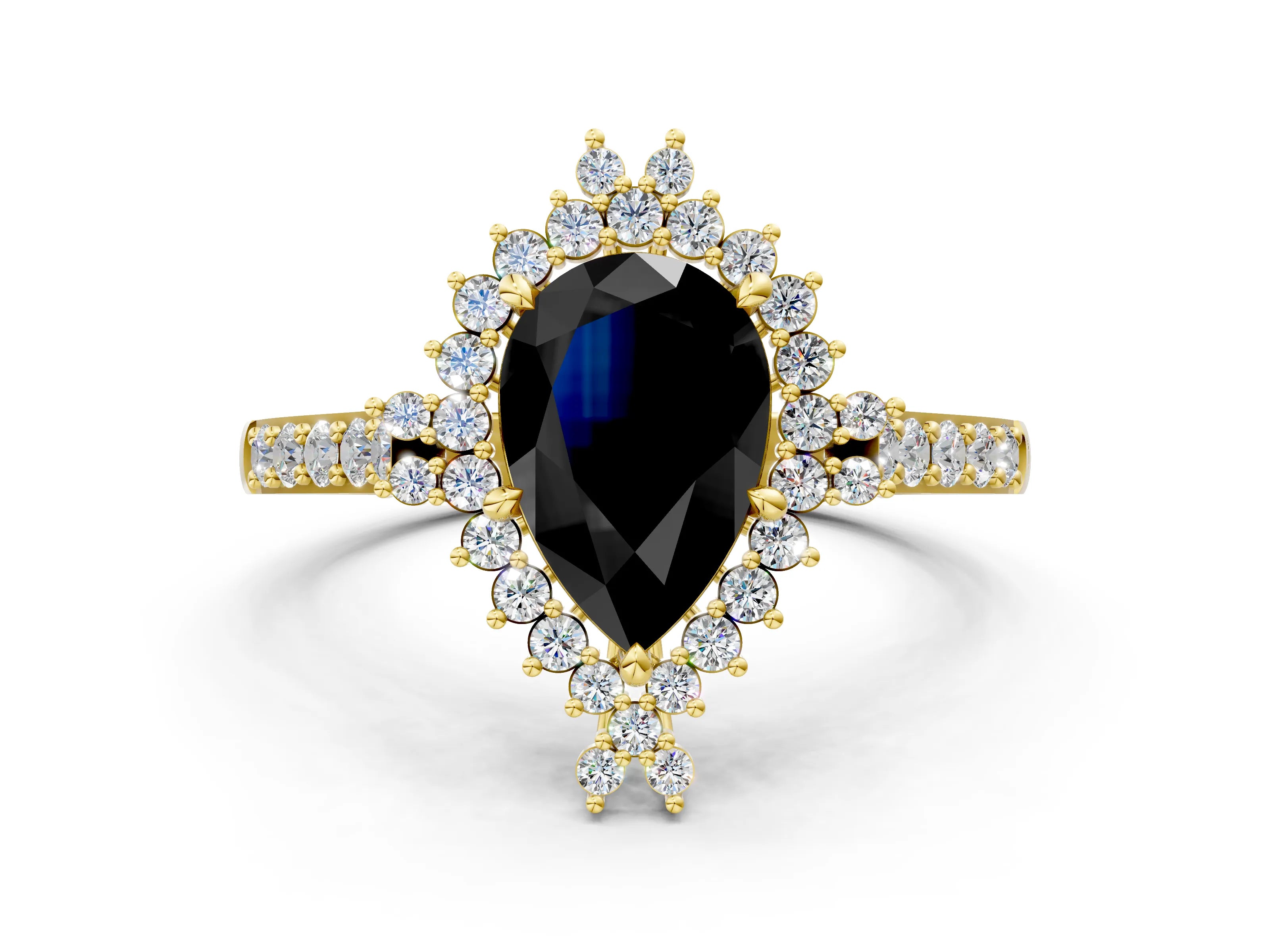Yellow gold Fancy Black Pear Cut Cut Diamond Sunburst Halo Engagement Ring with Pavé Band