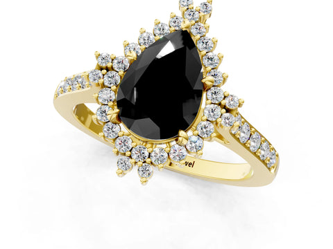 Yellow gold Fancy Black Pear Cut Cut Diamond Sunburst Halo Engagement Ring with Pavé Band_1
