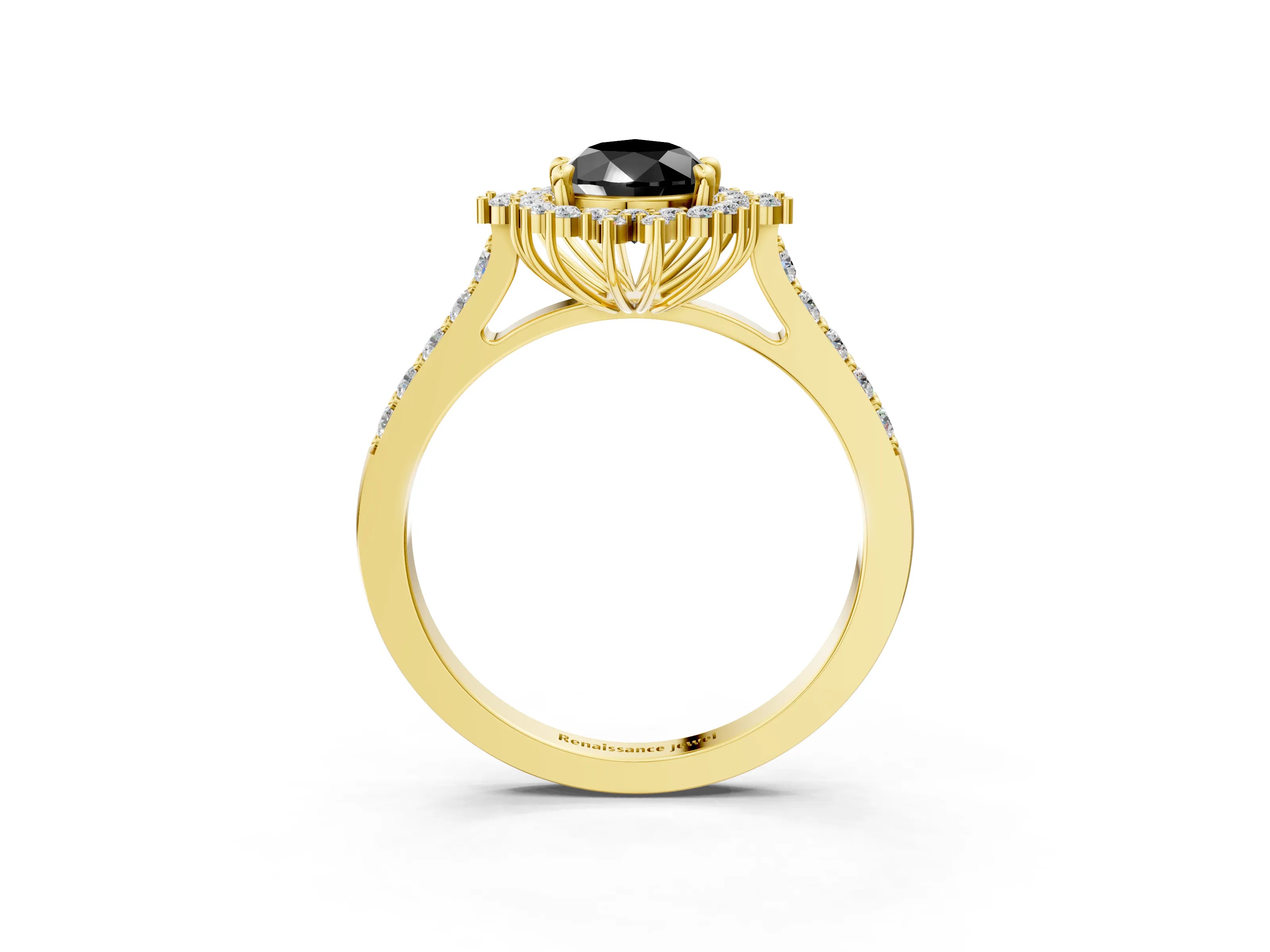 Yellow gold Fancy Black Pear Cut Cut Diamond Sunburst Halo Engagement Ring with Pavé Band_3