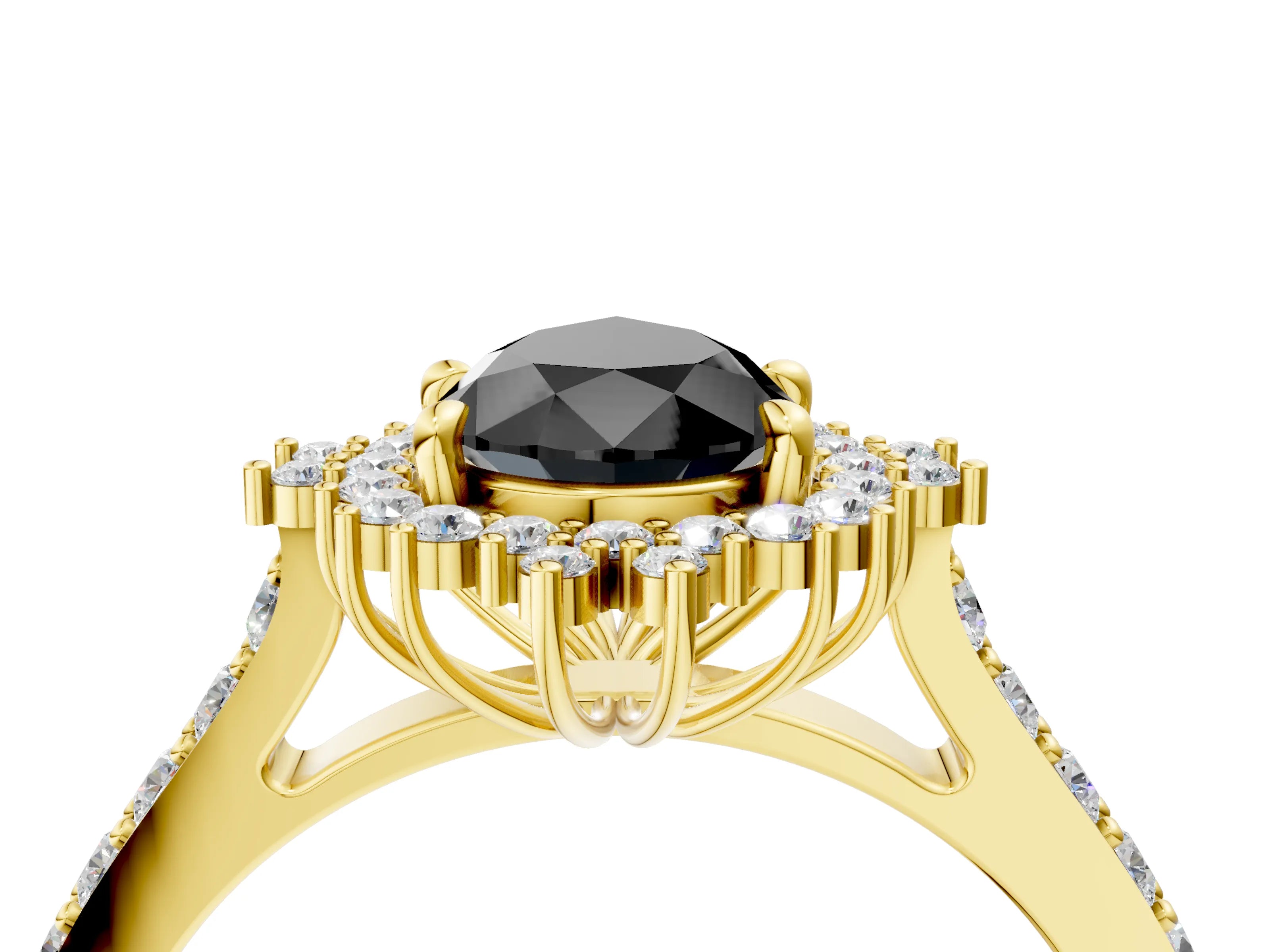 Yellow gold Fancy Black Pear Cut Cut Diamond Sunburst Halo Engagement Ring with Pavé Band_4