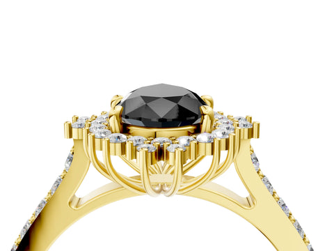 Yellow gold Fancy Black Pear Cut Cut Diamond Sunburst Halo Engagement Ring with Pavé Band_4