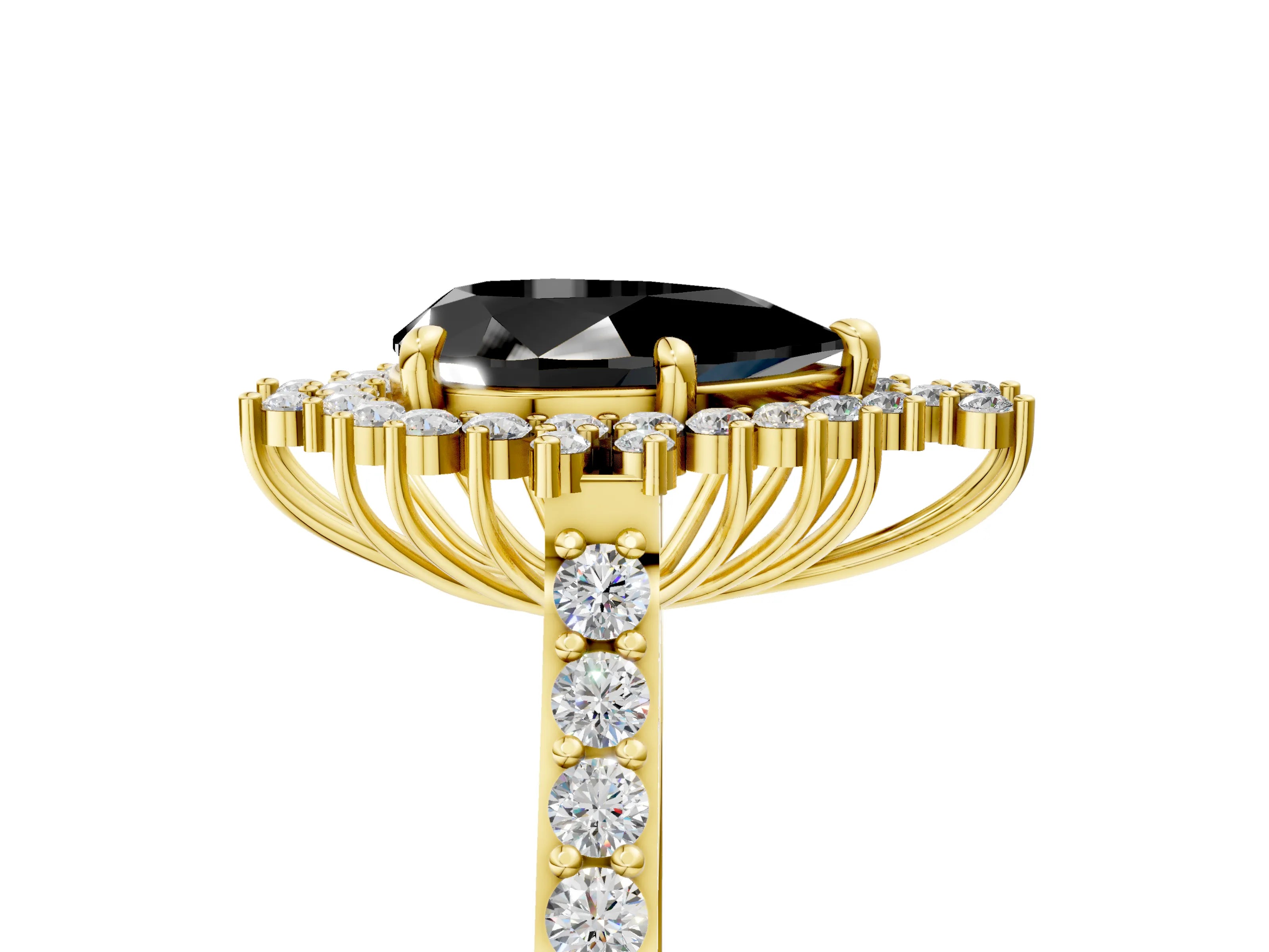 Yellow gold Fancy Black Pear Cut Cut Diamond Sunburst Halo Engagement Ring with Pavé Band_5