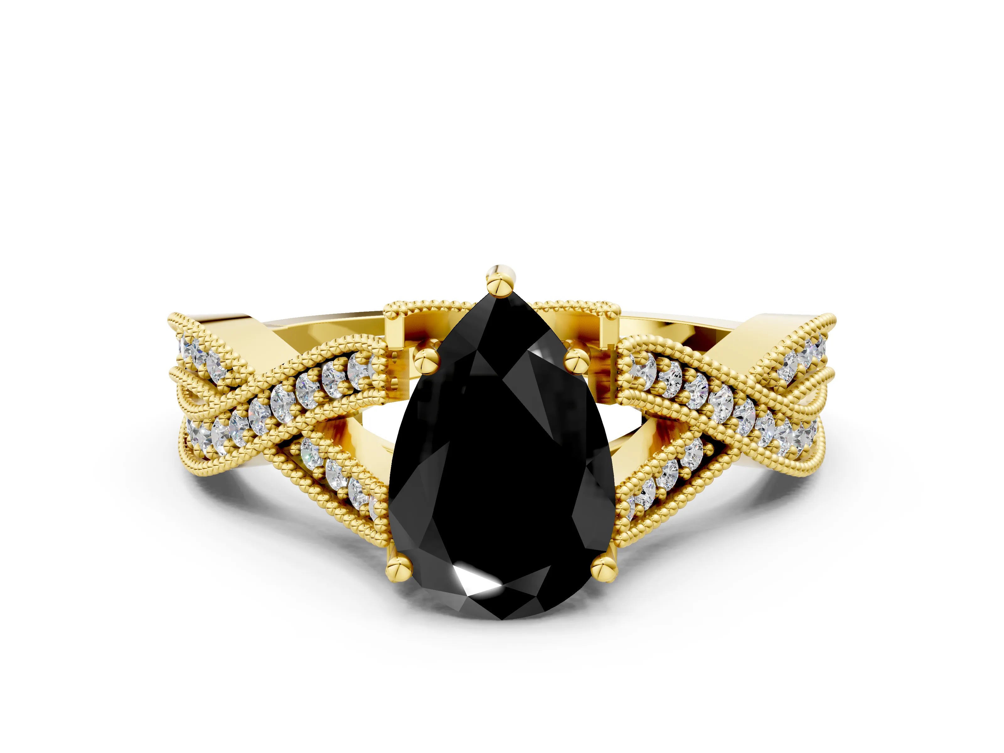 Yellow gold Fancy Black Pear Cut Cut Diamond Twisted Band with Milgrain Pave Setting and Four-Prong Setting