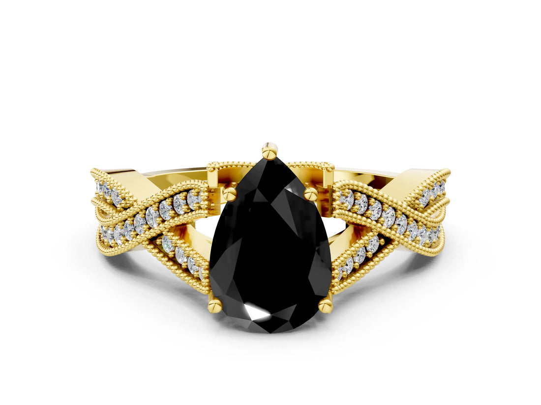 Yellow gold Fancy Black Pear Cut Cut Diamond Twisted Band with Milgrain Pave Setting and Four-Prong Setting
