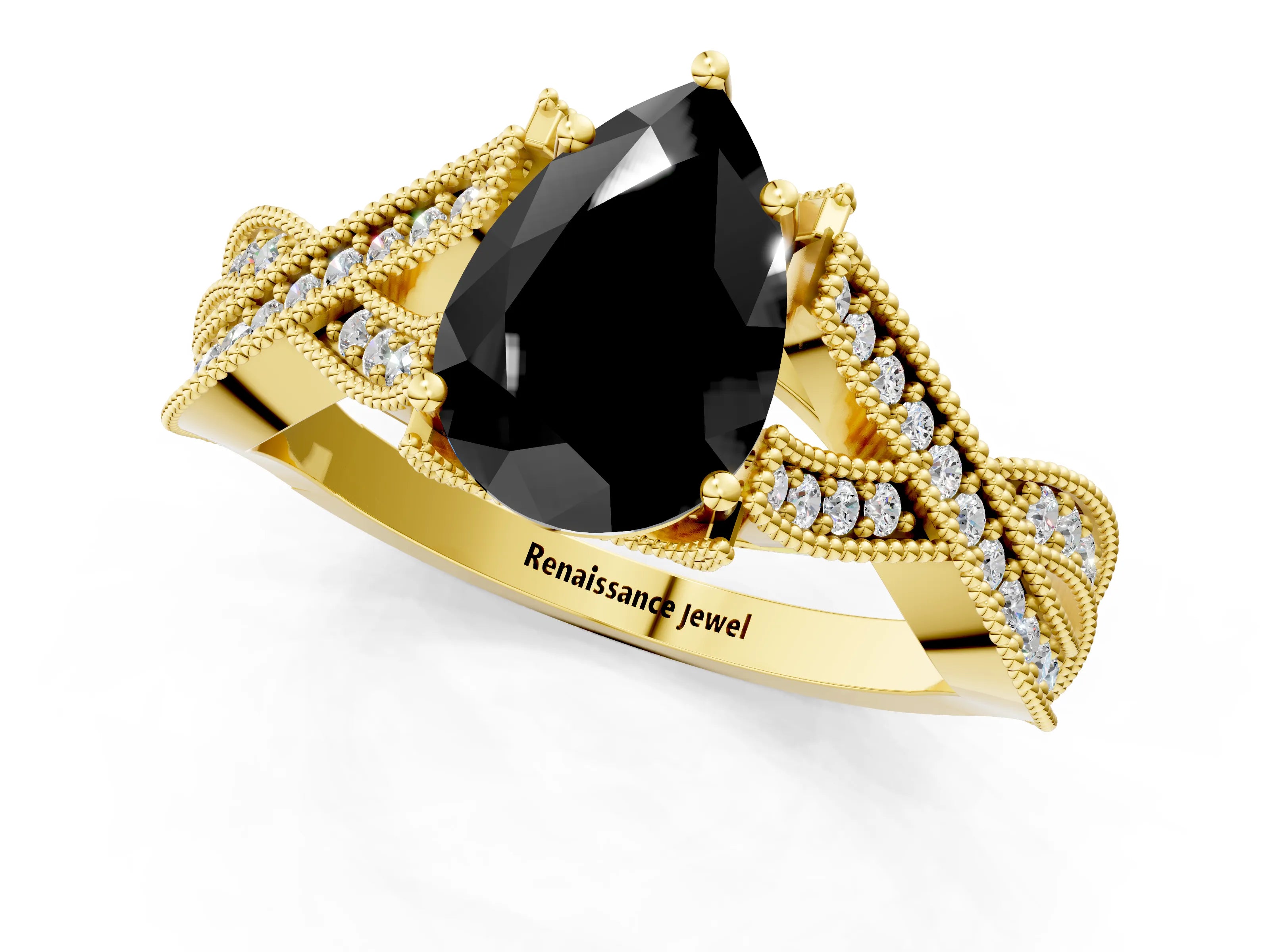 Yellow gold Fancy Black Pear Cut Cut Diamond Twisted Band with Milgrain Pave Setting and Four-Prong Setting_1