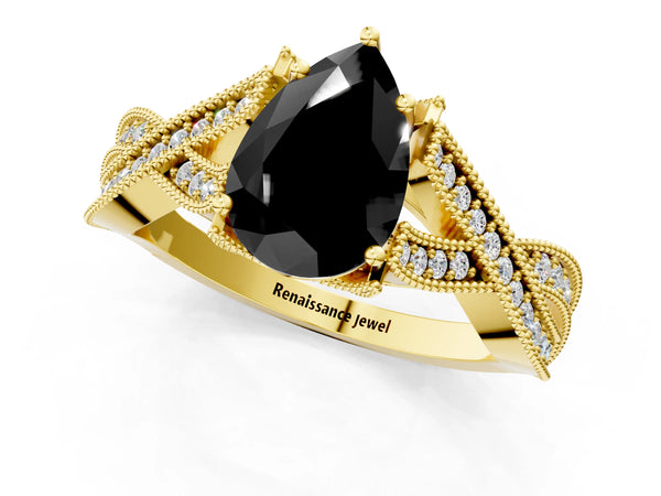 Yellow Gold Pear-Shaped Graduated Pave Twist Engagement Ring Setting for Black Center