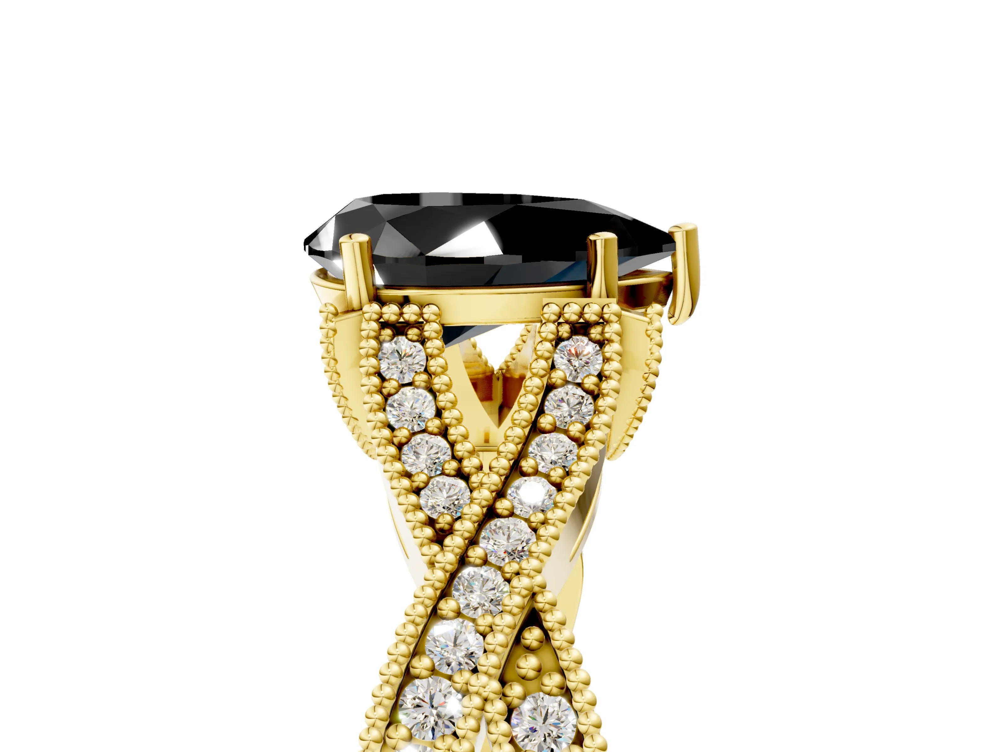 Yellow gold Fancy Black Pear Cut Cut Diamond Twisted Band with Milgrain Pave Setting and Four-Prong Setting_5