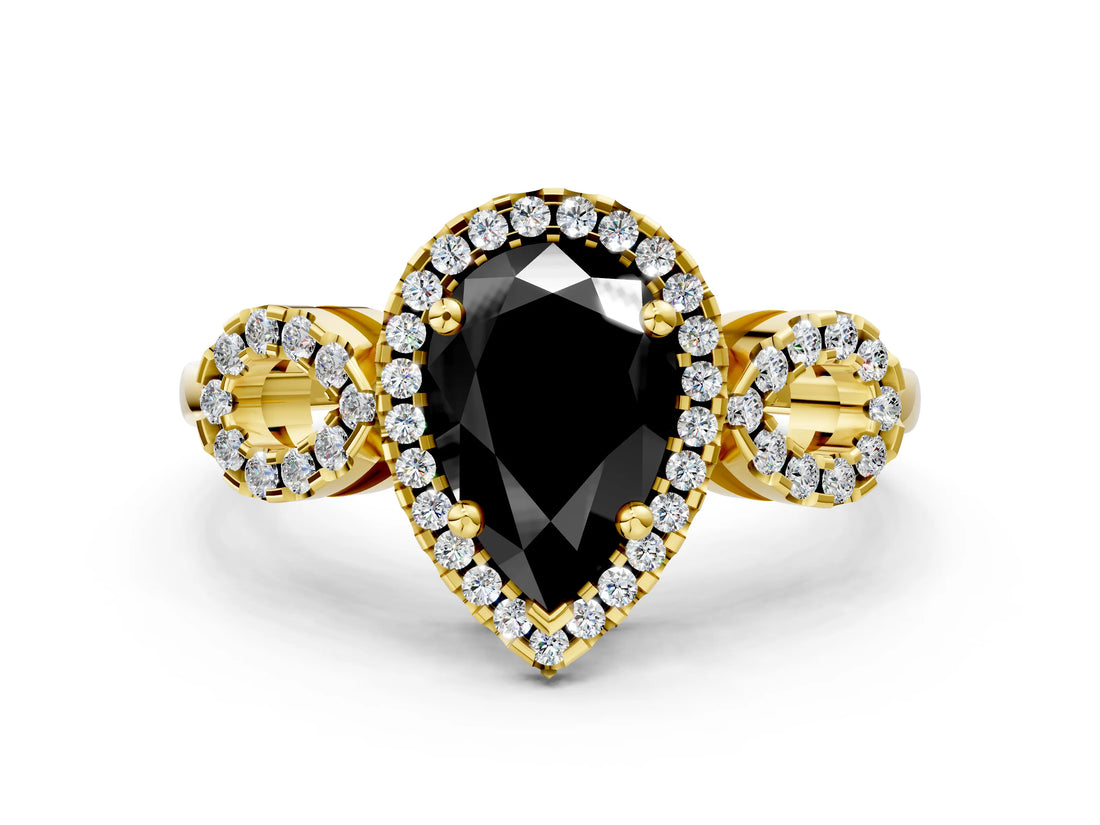 Yellow gold Fancy Black Pear Cut Cut Halo Diamond Infinity Band with Four-Prong Setting