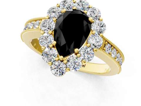 Yellow gold Fancy Black Pear Cut Cut Halo Diamond Pavé Engagement Ring with Milgrain Detailing_1